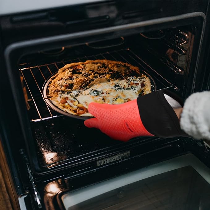 Heat Resistant Grilling Gloves for BBQ Silicone and Cotton Double-Layer Oven Mitts Waterproof Non-Slip Cooking Gloves (Red)