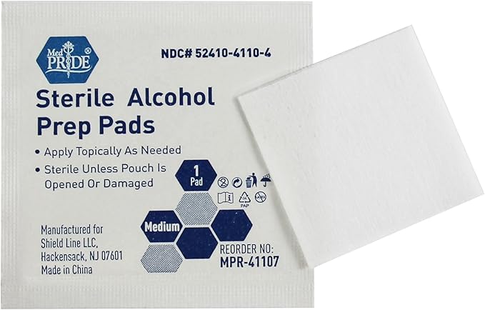 MED PRIDE Sterile Alcohol Prep Pads, Antiseptic, Individually Wrapped, Medical Grade, Latex Free, 2 Ply, 100 Count