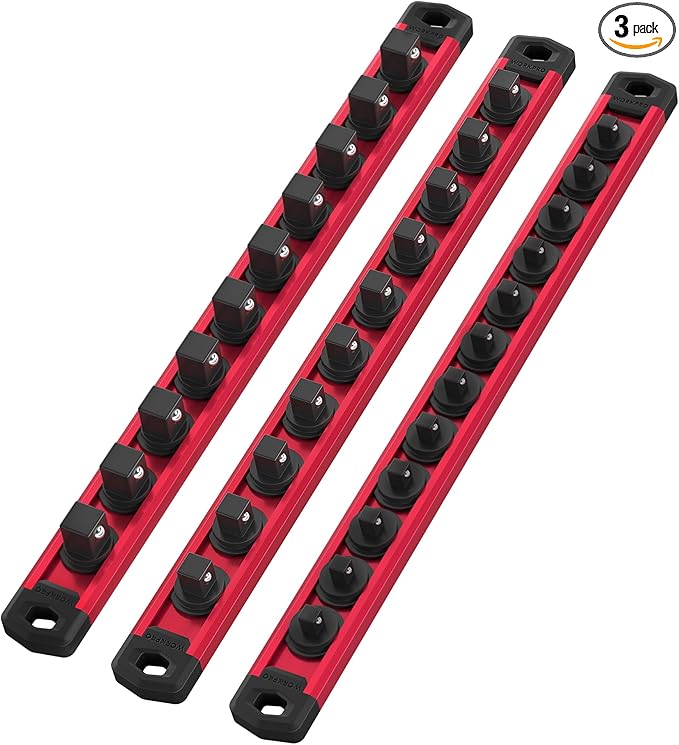 WORKPRO Magnetic Socket Organizer Set, 3-Piece Aluminum Alloy Socket Rail, Heavy Duty Socket Holder, Socket Rack Kit 1/4-Inch x 12 Clips, 3/8-Inch x 10 Clips, 1/2-Inch x 10 Clips (Red)