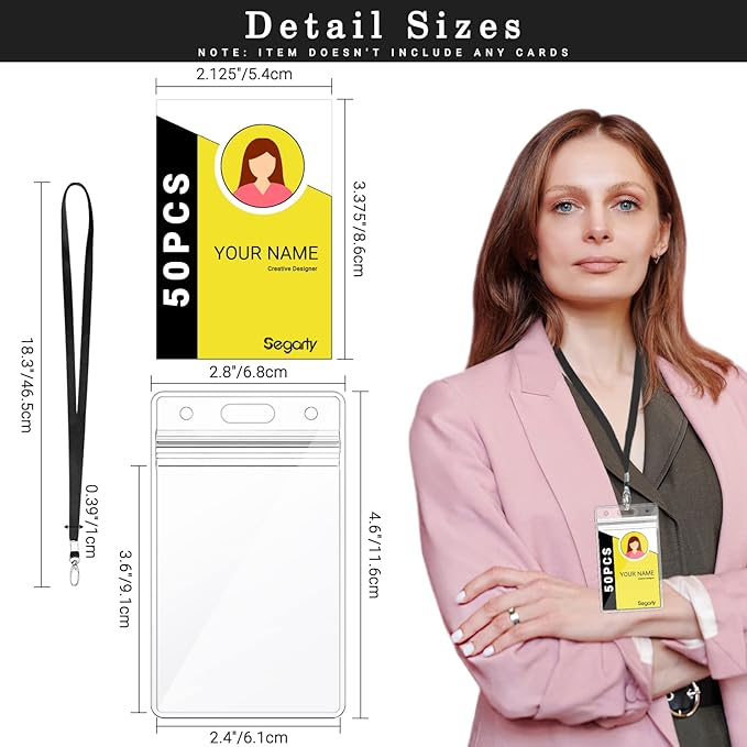 Segarty Lanyards with ID Holder, 50 Pack Vertical Clear Plastic Badge Name Tags Key Card Holders, Black Strap Clips Waterproof Ziplock Nametag Protector for Women, Business, Student, School, Office