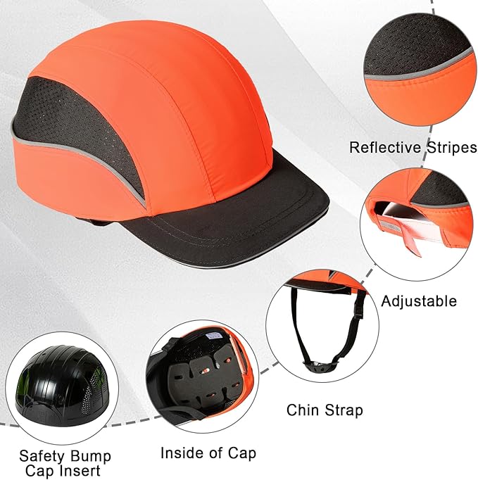 TIHEEN Unisex Safety Bump Cap, Baseball Hat Style with Reflective Stripes Lightweight and Breathable Hard Hat Head Protection Cap