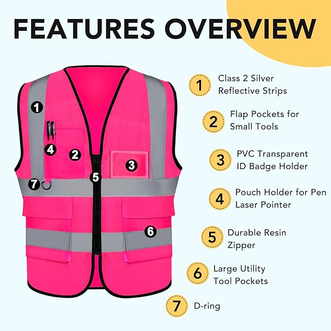 XPCARE 2-Pack Hi Vis Reflective Safety Vest with Pockets,High Reflective Strips Zipper Work Vest for Men and Women,Pink(XX-Large)