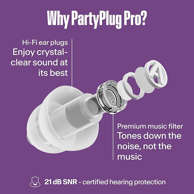 Alpine PartyPlug Pro Concert Ear Plugs, High Fidelity Professional Earplugs, 21dB Noise Reduction, Premium Hearing Protection for Music Festivals, Raves & Live Events, Incl. 3 Tip Sizes, Transparent