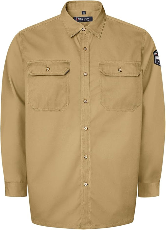 Welding Shirt 7.5oz FR Shirts for Men, 100% C Flame Resistant Welding Jacket for Work, Men's Fire Retardant FR Clothing for Men, Durable Welding Accessories, Meets NFPA2112, Khaki-ZRND L