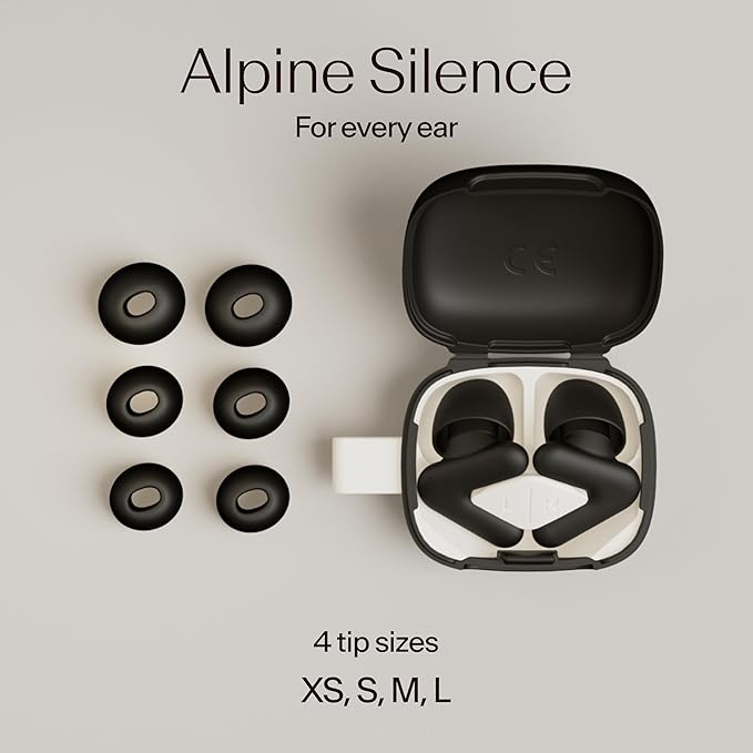 Alpine Silence Earplugs for Sleep, Focus & Travel - V-Shape Snug Fit & Soft Oval Tips – 4 Sizes XS/S/M/L - Comfortable, Reusable Hearing Protection - 22dB – Black