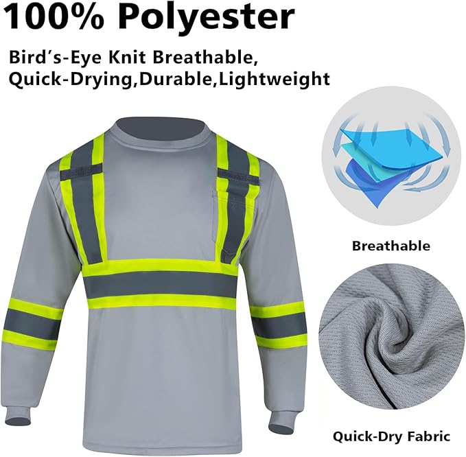 VENDACE Men's High Vis Safety Work T Shirt ANSI Class 1 Reflective Long Sleeve Shirt with Pocket(Grey,2XL)