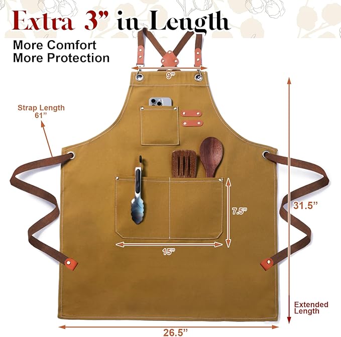 Chef Apron for Men Women with Pockets,Cross Back Cotton Canvas Plus Size Apron for Cooking BBQ Baking Gardening