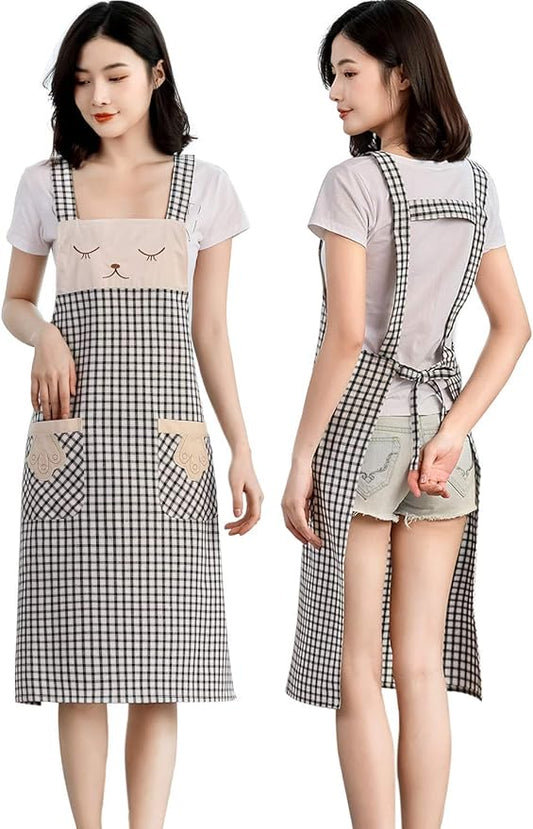 NEWGEM Women Cooking Apron with Pocket Cotton Cute Kitchen Pinafore for Baking Cleaning