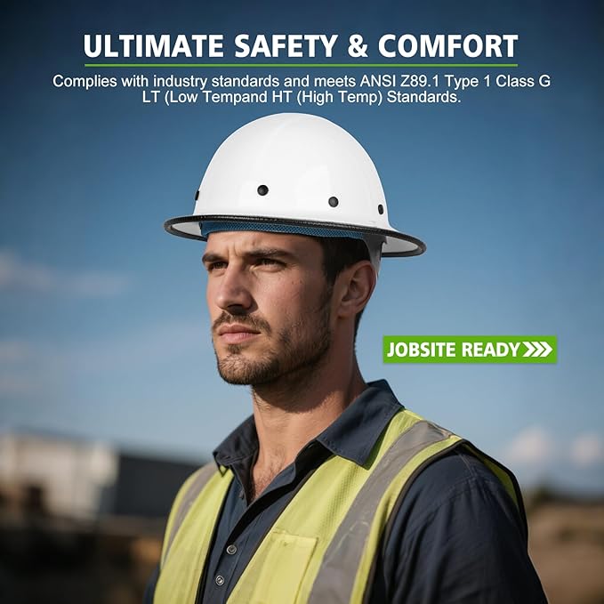 GREEN DEVIL Fiberglass Full Brim Hard Hat OSHA & ANSI Rated Fiber Hardhat for Men with Brim Guard