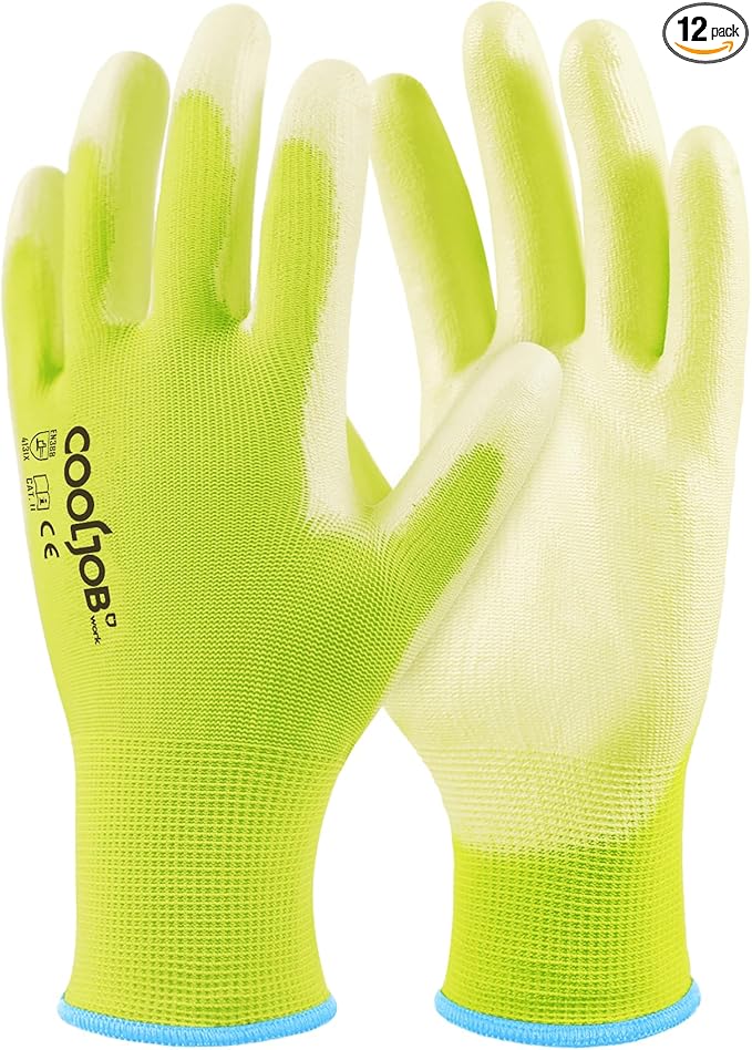 COOLJOB 12/60 Pairs Safety Work Gloves Pack Bulk with Grip PU Coating, 13 Gauge Seamless Knit Gloves with Polyurethane Dipped for Warehouse Working, Breathable Lightweight for Men Women, Yellow Xlarge