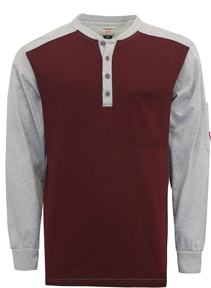 TICOMELA FR T Shirt Flame Resistant Shirt 5.5oz 100% Cotton Light Weight Workwear Men's Long Sleeve Henley Shirts