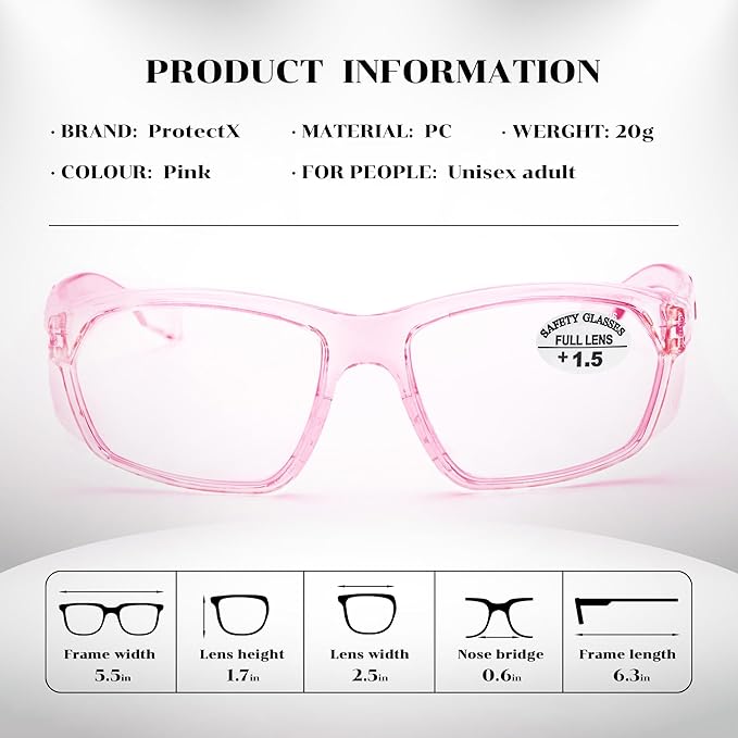 ProtectX Stylish Anti-Fog & Scratch-Resistant Safety Glasses With Readers, UV Protection Goggles, Anti-Impact Lightweight Glasses for Men＆Women Pink Reading 1.5-2 Pack