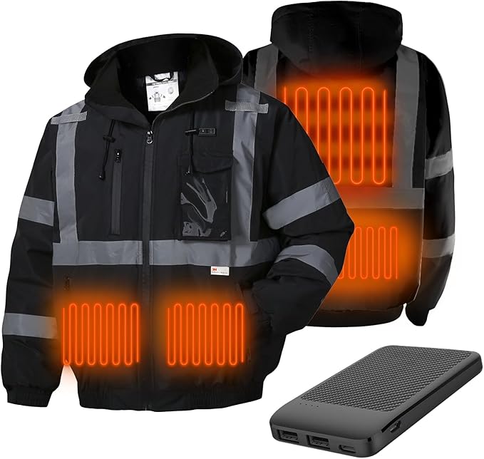 SKSAFETY Heated Safety Bomber Jacket, Class 3 Hi-Vis Waterproof Coat, 3M Reflective Tape, Work Construction Coats