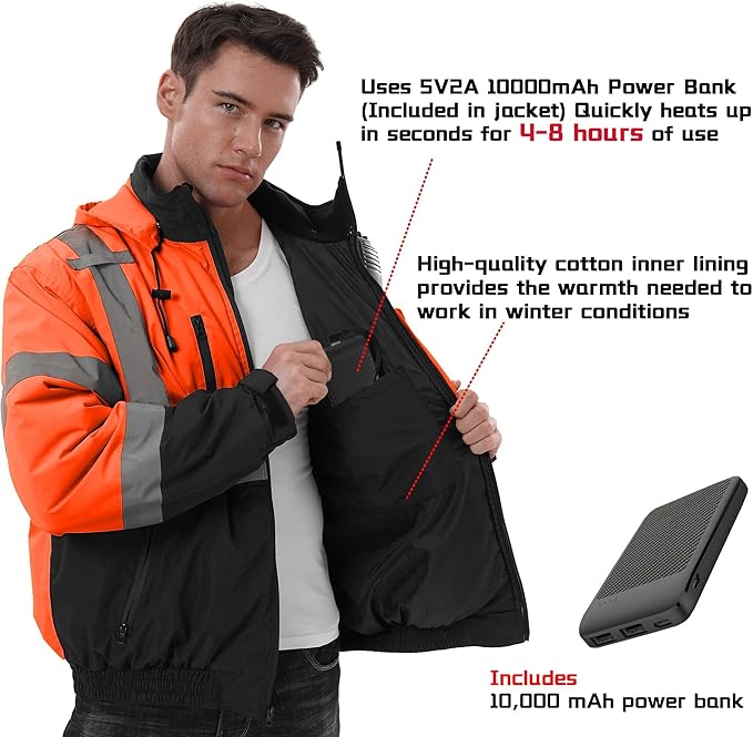 SKSAFETY Heated Safety Bomber Jacket, Class 3 Hi-Vis Waterproof Coat, 3M Reflective Tape, Work Construction Coats