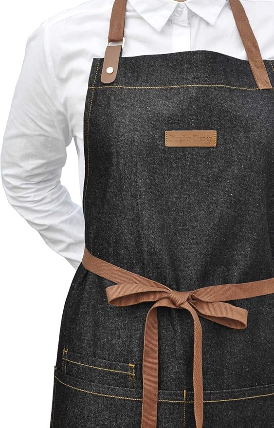 Denim Kitchen Apron with Pockets, Mens Womens Professional Chef Bib Apron for Cooking Grill BBQ Server