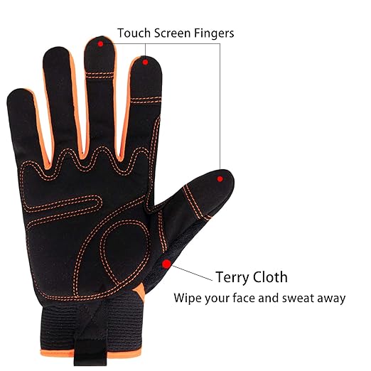 HANDLANDY Work Gloves Mens & Women, Utility Safety Mechanic Working Gloves Touch Screen, Flexible Breathable Yard Work Gloves (Small, Orange)