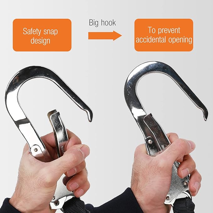 KSEIBI 422006 Single Leg Snap Hook and Two Scaffolding Hook w 6-Foot Internal Shock Lanyard Fall Protection Equipment for Safety Harness