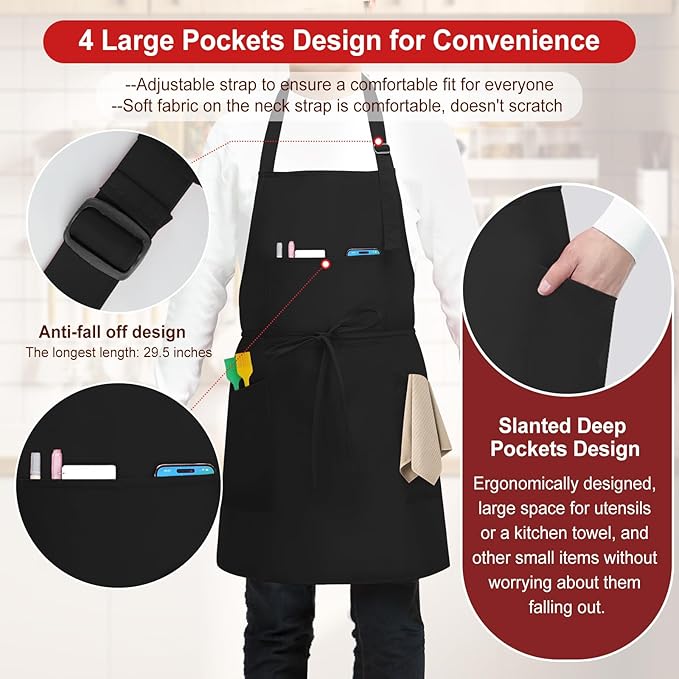 3 Pcs Dual Waterproof Oilproof Kitchen Chef Aprons with 4 Pockets for Men Women, Adjustable Soft Anti-Tear Cooking Bib Apron for Baking Grilling BBQ Painting Cleaning (Black)