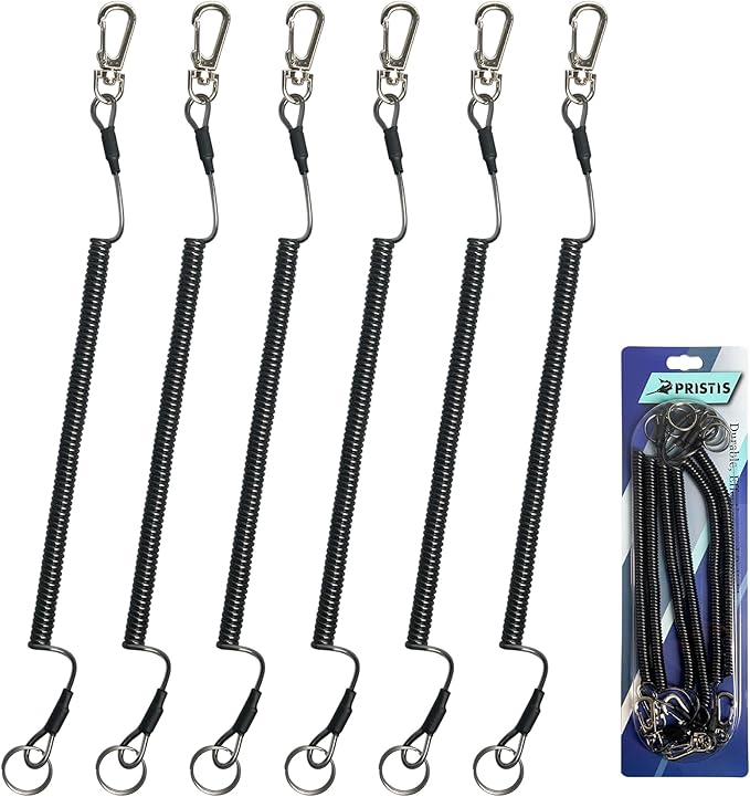 6 pcs Fishing Coiled Lanyards, Heavy-duty Retractable Keychain Pole Tether, Safety Leash Steel Wire & Carabiner Clip