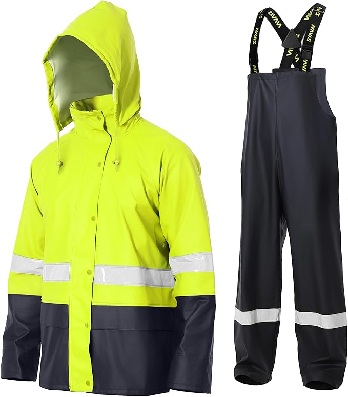 Men's Workwear PRO Rain Suit - Waterproof Jacket and Bib Pants 3-piece Set for Ultimate Safety and Comfort