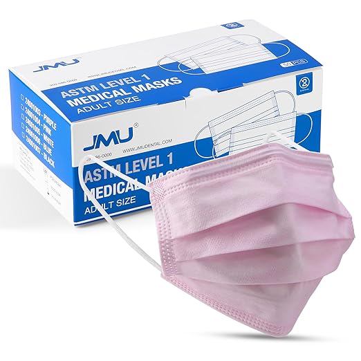 JMU 50pcs 3 Ply Pink Disposable Face Mask, Medical Grade, Comfortable & Breathable Suitable for Protection