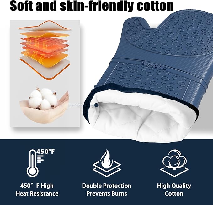 Oven Mitts with Heat-Resistant Hot Pads and Five Silicone Spatulas Designed for Kitchen Baking Cooking, Oven Glove Soft Cotton Lining, Waterproof, BPA-Free (Dark Blue, 12.6)