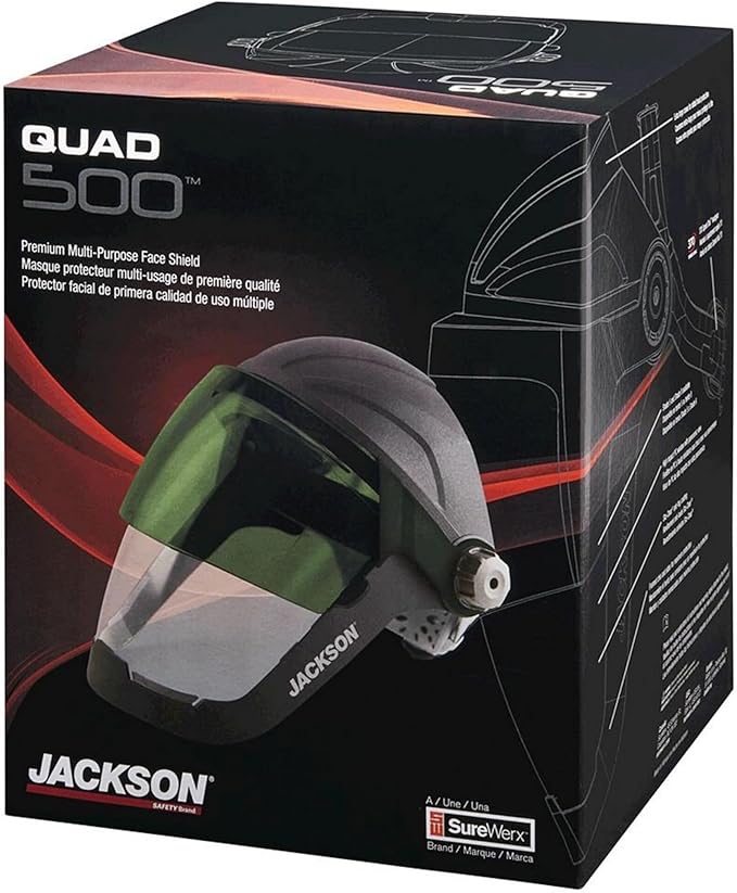 Jackson Safety QUAD 500 Face Shield - Anti-Fog Window with Chin Guard - ANSI Z87.1 & OSHA - (Multiple Styles & Headgears)