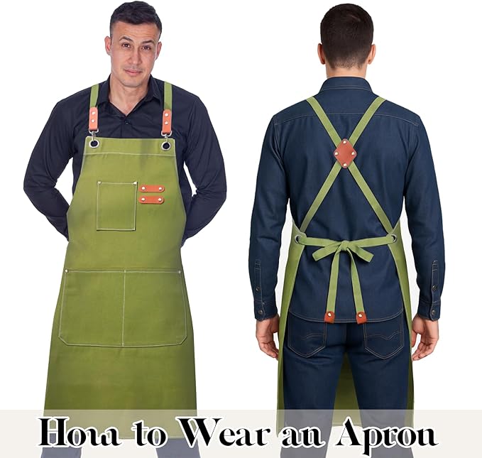 Chef Apron for Men Women with Pockets,Cross Back Cotton Canvas Plus Size Apron for Cooking BBQ Baking Gardening