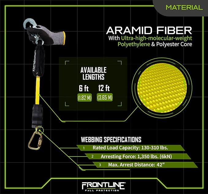 Frontline RPAS Aramid Fiber Web SRL | 6'-12' Single Leg | Steel Snap Hook | Lightweight & Compact | Durable Housing | Quick-Action Brake | 310 lbs Capacity | ANSI & OSHA Compliant (Pack 2)