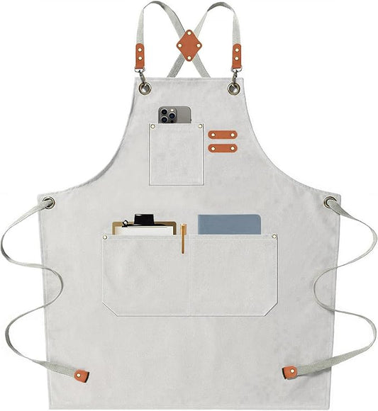 AFUN Chef Aprons for Men Women with Large Pockets, Cotton Canvas Cross Back Heavy Duty Adjustable Work Apron, Size M to XXL (Beige)