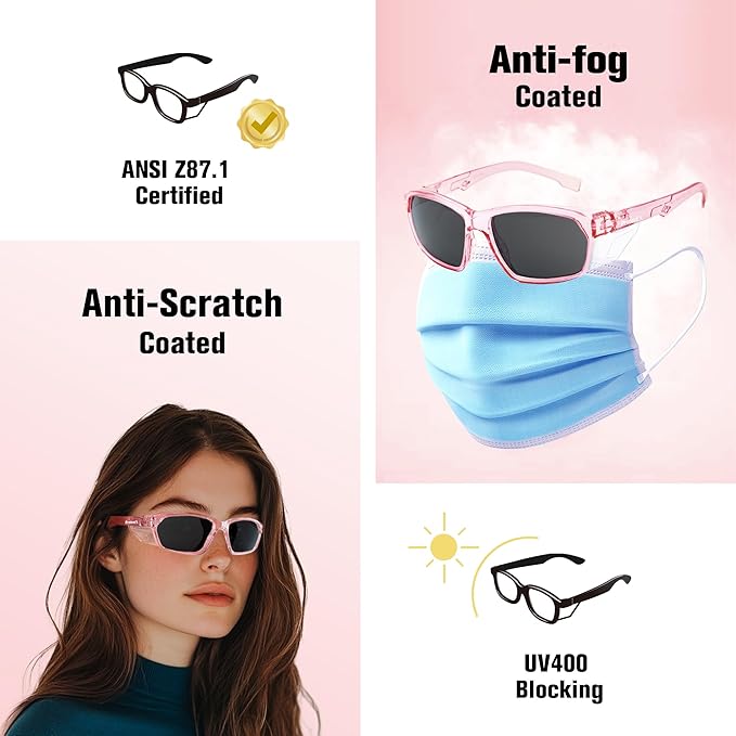 ProtectX Stylish Anti-Fog & Scratch-Resistant Safety Glasses With Readers, UV Protection Goggles, Anti-Impact Lightweight Glasses for Men＆Women Pink Tinted Smoke