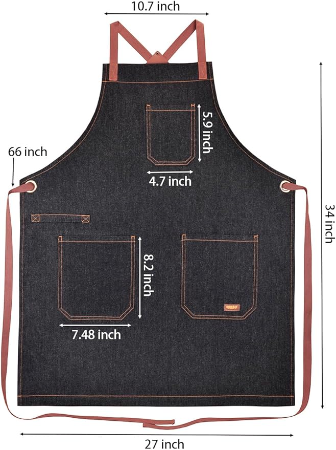 Denim Chef Apron with Pockets, Mens Womens Professional Kitchen Bib Black Apron for Cooking Grill BBQ Server, with Cross Back Straps and Towel Loop