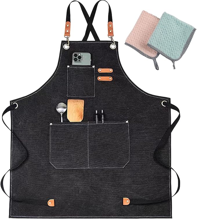 Chef Apron, Aprons for Men,Adjustable Strap Cotton Canvas Cross Back Apron for Kitchen Cooking Baking Bib Apron