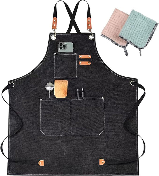 Chef Apron, Aprons for Men,Adjustable Strap Cotton Canvas Cross Back Apron for Kitchen Cooking Baking Bib Apron