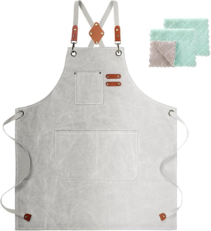 White Chef Aprons for Men Women with Large Pockets,Cotton Canvas Cross Back Apron,Kitchen Cooking Baking Bib Heavy Duty Adjustable Work Apron