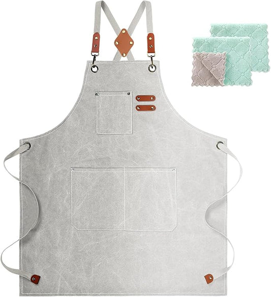 White Chef Aprons for Men Women with Large Pockets,Cotton Canvas Cross Back Apron,Kitchen Cooking Baking Bib Heavy Duty Adjustable Work Apron