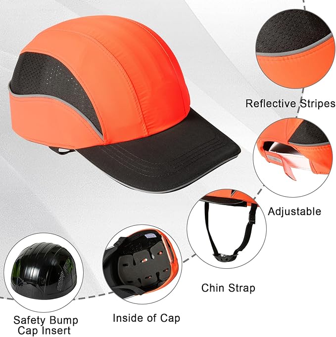 TIHEEN Unisex Safety Bump Cap, Baseball Hat Style with Reflective Stripes Lightweight and Breathable Hard Hat Head Protection Cap