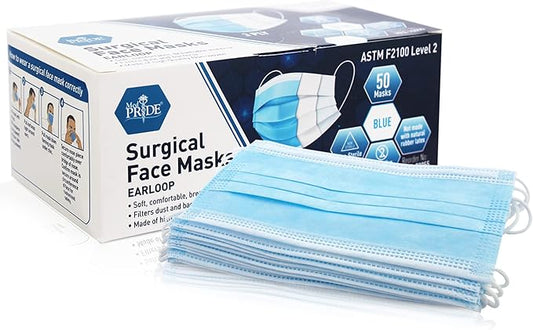 MED PRIDE Blue Medical Masks, Pack of 50 Face Masks, Disposable 3-Ply Earloop Masks, Breathable Non-Woven, Comfortable and Protective for Adults