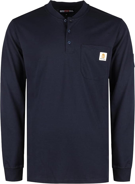 BOCOMAL FR Shirts Henley 7oz Midweight Fire Resistant Clothing NFPA2112 CAT2 Men's Flame Retardant Work Shirt