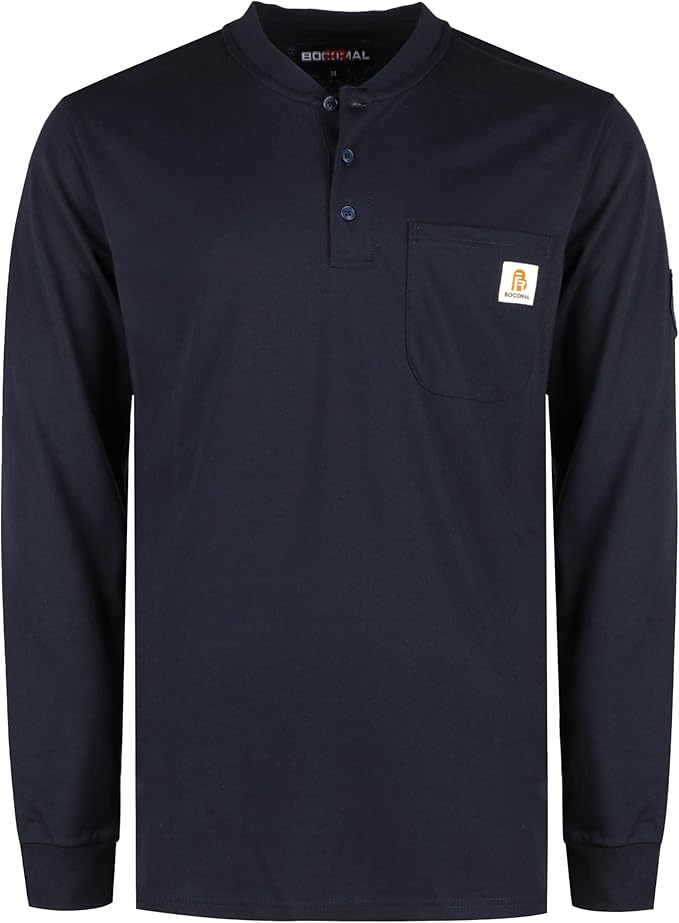 BOCOMAL FR Shirts Henley 7oz Midweight Fire Resistant Clothing NFPA2112 CAT2 Men's Flame Retardant Work Shirt