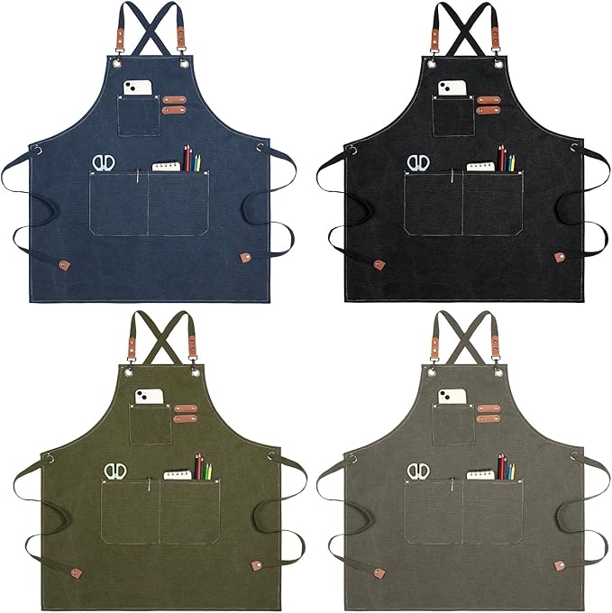 4PCS Chef Aprons - Waterdrop Resistant Cotton Canvas Cross Back Adjustable Aprons for Men and Women