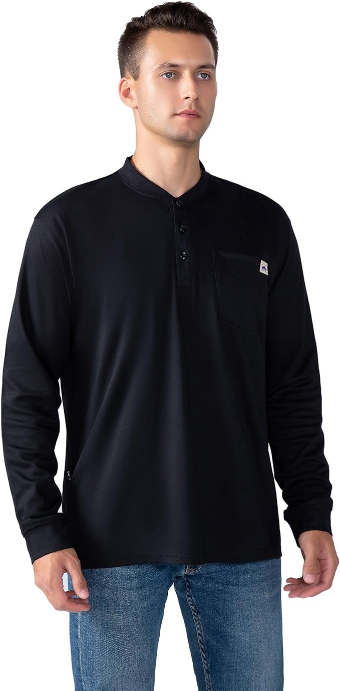 FR Henley Shirts for Men Flame Resistant Lightweight Welding 6.5oz 100% Cotton CAT2 Long Sleeve Fire Retardant FRC Clothing