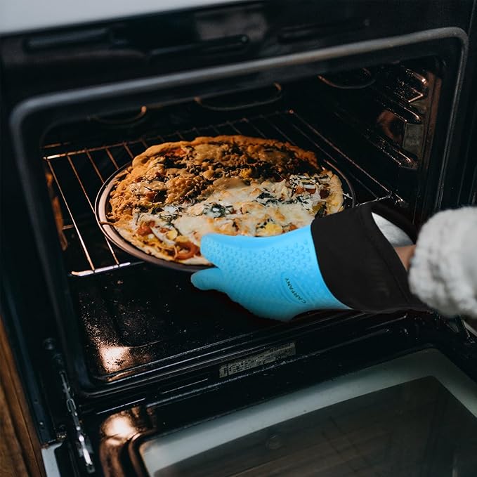Heat Resistant Grilling Gloves for BBQ Silicone and Cotton Double-Layer Oven Mitts Waterproof Non-Slip Cooking Gloves (Blue)