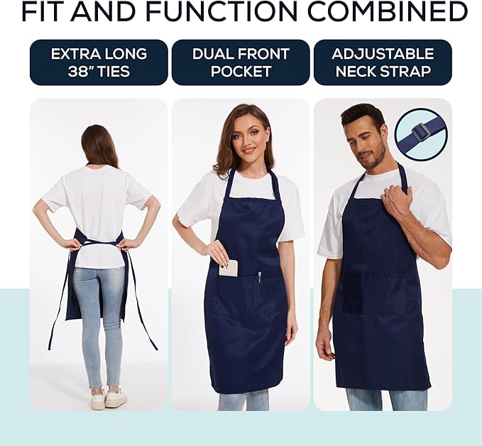 Will Well Kitchen Apron for Men and Women - 33" x 27" Oil-and-Water-Resistant with Adjustable Neck Strap and 38" Waist Ties for a Snug Fit, Lightweight with 2 Front Pockets - 6-Pack, Navy