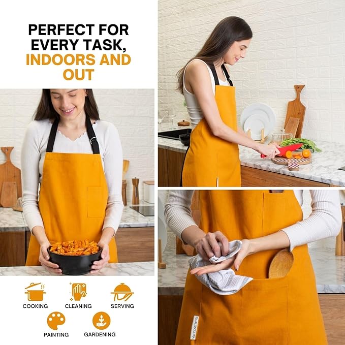 Cotton Canvas Apron for Women & Men – Adjustable Neck Strap & Waist Ties with Pockets – Kitchen, Cooking, Baking, Chef, BBQ, Grilling, Gardening – Durable 33x27 Inches – Orange with Black Straps