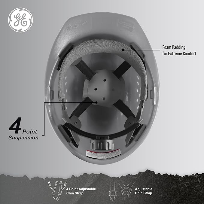 GE Cap Style Hard Hat, 4-Point Ratchet Suspension, Earmuff Slots, High Impact Resistant, Sweat-Wicking Sweatband, Meets ANSI Z89.1-2014, Comfortable, Durable, and Protective - Gray, Vented