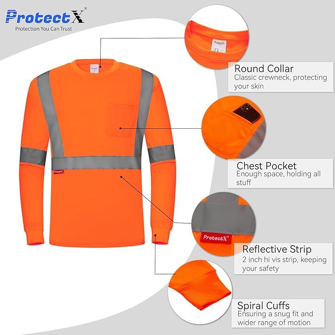 ProtectX High Visibility Shirts Hi Vis Long Sleeve Shirts for Men Women Reflective Class 2 Safety Shirts 2 Pack