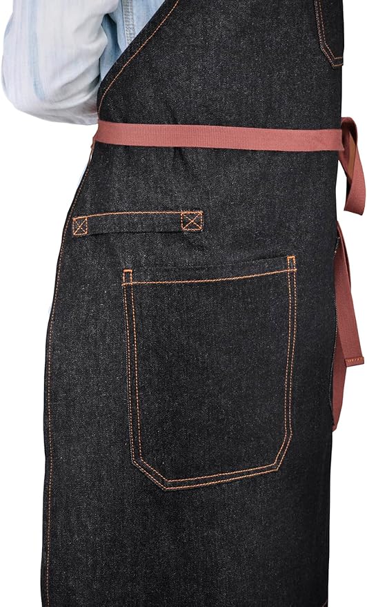Denim Chef Apron with Pockets, Mens Womens Professional Kitchen Bib Black Apron for Cooking Grill BBQ Server, with Cross Back Straps and Towel Loop