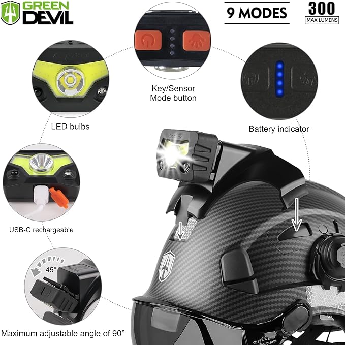 GREEN DEVIL Hard Hat Safety Helmet with Visor Bluetooth Ear Muffs and Headlamp 5 in 1 Full Protection Vented Work Hardhat ANSI Z89.1 Cascos De Construccion for Industrial Construction Forestry
