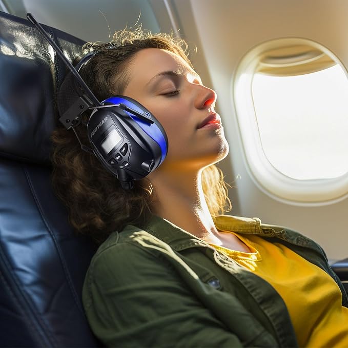 AM/FM Bluetooth Radio Headphones 25dB NRR,Noise Reduction Safety Earmuffs,Digital Display Headset,Built-in Mic,Rechargetable Ear Hearing Protection for Walkman Mowing,Lawn,Work(Blue)